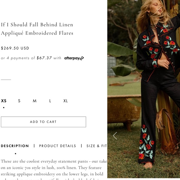 Chasing Unicorns If I Should Fall Behind Linen Pants Black Embroidered Flowers S - Picture 1 of 6